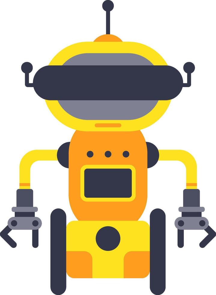 Friendly yellow robot is standing on wheels, with its claws open and an antenna on its head, suggesting advanced technology and playful automation vector