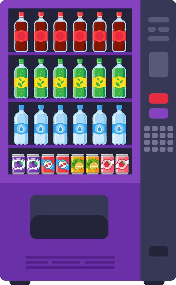 Vending machine offering a variety of drinks including soda, water, juice, and other beverages, providing convenient refreshment for consumers vector