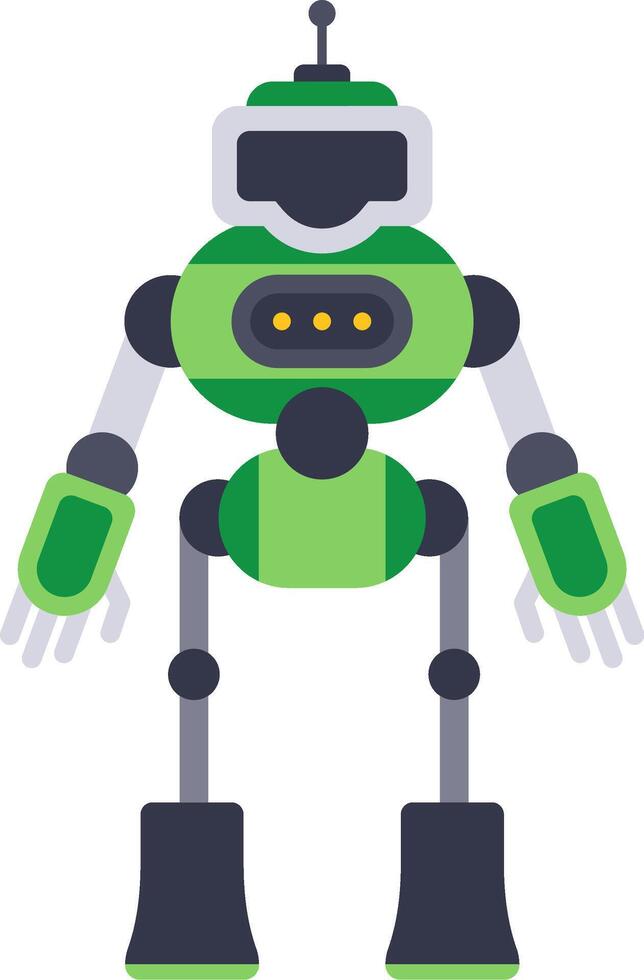Green and gray robot standing with antenna and lights on its chest, arms extended, in a white background, ideal for technology, innovation and future concepts vector
