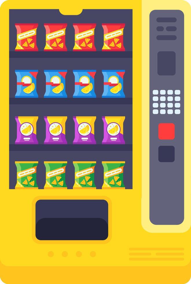 Vending machine offering a wide variety of colorful chips bags, featuring a digital display and a keypad for selection, providing a convenient snacking option vector