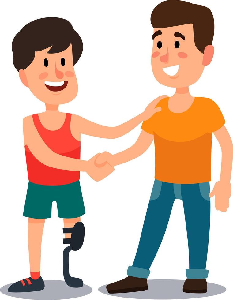 Young man with a prosthetic leg shaking hands with a friend, symbolizing support and inclusion while overcoming challenges in both sports and everyday life vector