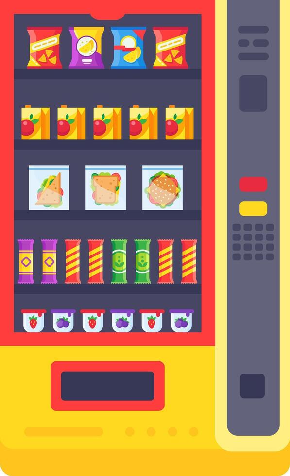 Vending machine filled with a variety of snacks, including chips, juices, sandwiches, chocolate bars, and yogurts, providing a convenient self service option for quick meals and refreshments vector