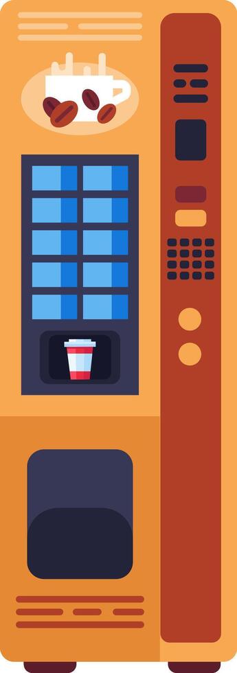 Coffee vending machine dispensing a variety of hot beverages in takeaway cups, providing quick and convenient caffeine fixes for busy individuals in public spaces, offices, and more vector