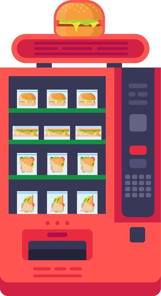 Red vending machine displaying packaged burgers and sandwiches, offering a quick meal or snack option. A cheeseburger sits prominently on top, emphasizing convenience and fast food variety vector