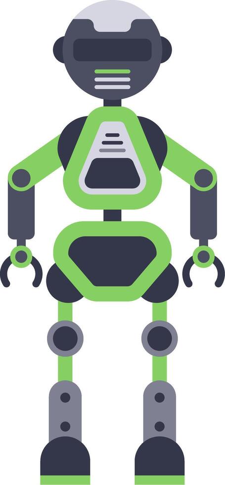 Green and grey robot standing with arms outstretched, featuring a futuristic design with intricate details, evoking themes of artificial intelligence, automation, and technological advancement vector