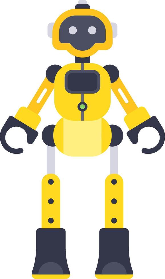 Yellow friendly robot standing with a screen on its chest and black boots, featuring a minimalist flat design style, isolated on a white background for technology projects vector