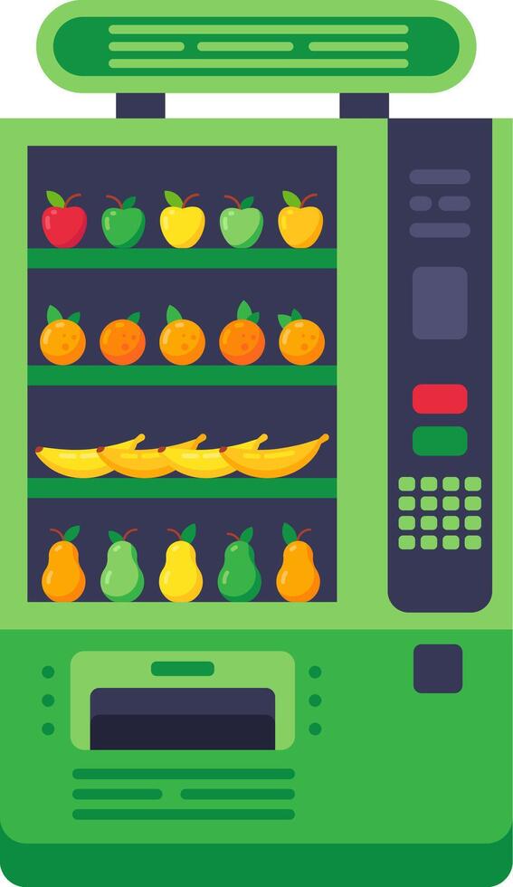 Green vending machine offering various fresh fruits like apples, oranges, bananas, and pears, promoting a healthy lifestyle and convenient access to nutritious snacks vector