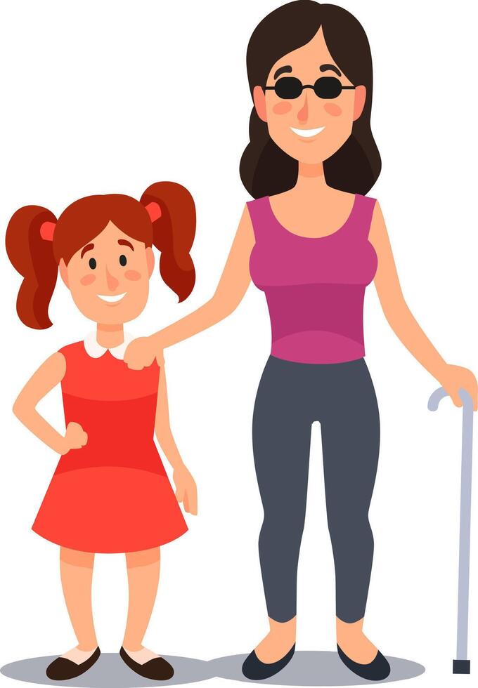 Smiling daughter holding hand on her blind mother's shoulder, supporting her while she's standing with walking cane, showing love, care and support within family vector
