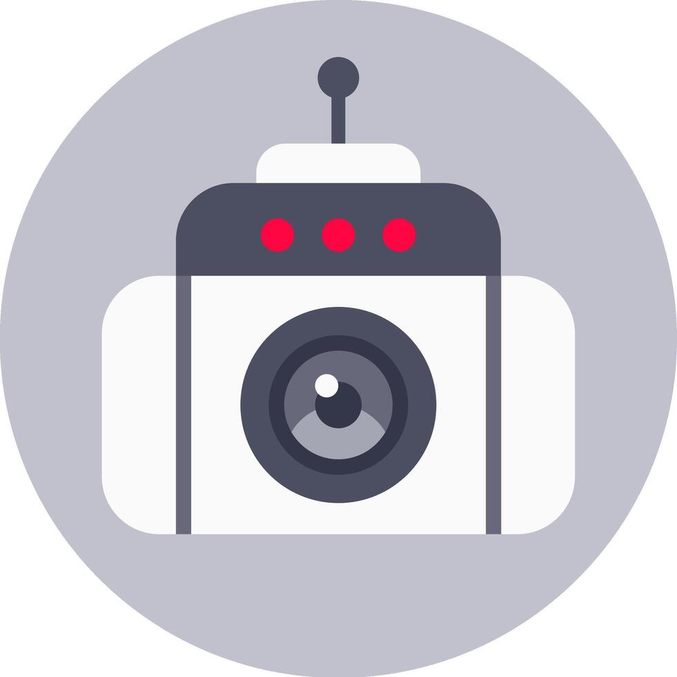 Security camera featuring an antenna and red lights, recording and monitoring from its lens against a gray circular background, represents advanced surveillance technology for safety and protection vector