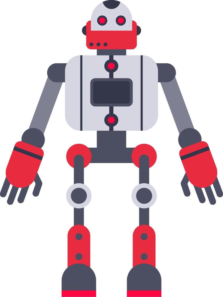 Red and grey robot standing with arms outstretched, showcasing its humanoid design and advanced technology, ready for automation and artificial intelligence tasks vector