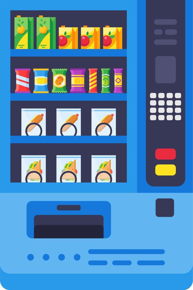 Vending machine offering various snacks and drinks including juice boxes, chips, hot dogs, and sandwiches, providing a convenient self service option for quick meals and refreshments vector
