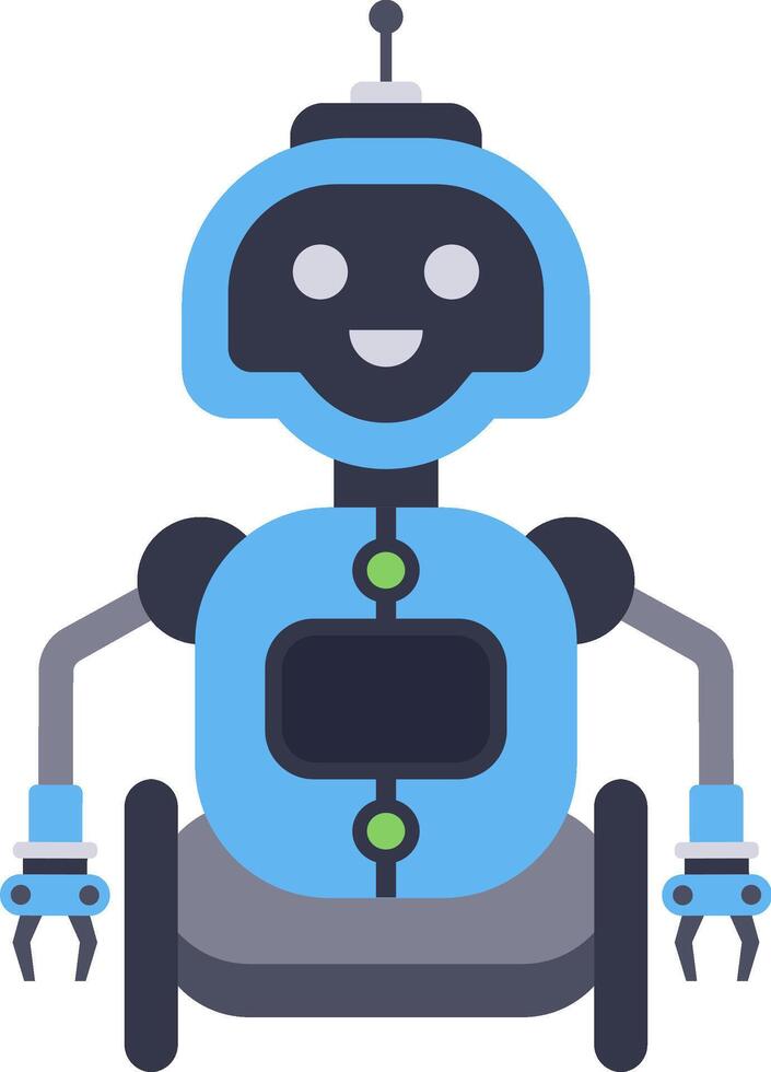 Modern blue robot with wheels, grippers and antenna is smiling happily, representing artificial intelligence, automation, and technological advancement vector