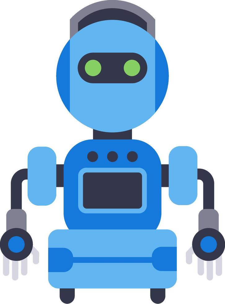 Blue robot standing with glowing green eyes and a screen on its chest, arms extended wide, embodying the concepts of artificial intelligence, automation, and futuristic technology vector