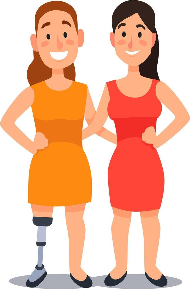 Two cheerful businesswomen standing side by side, one proudly displaying a prosthetic leg, conveying a message of empowerment, inclusion, and overcoming challenges in the workplace vector
