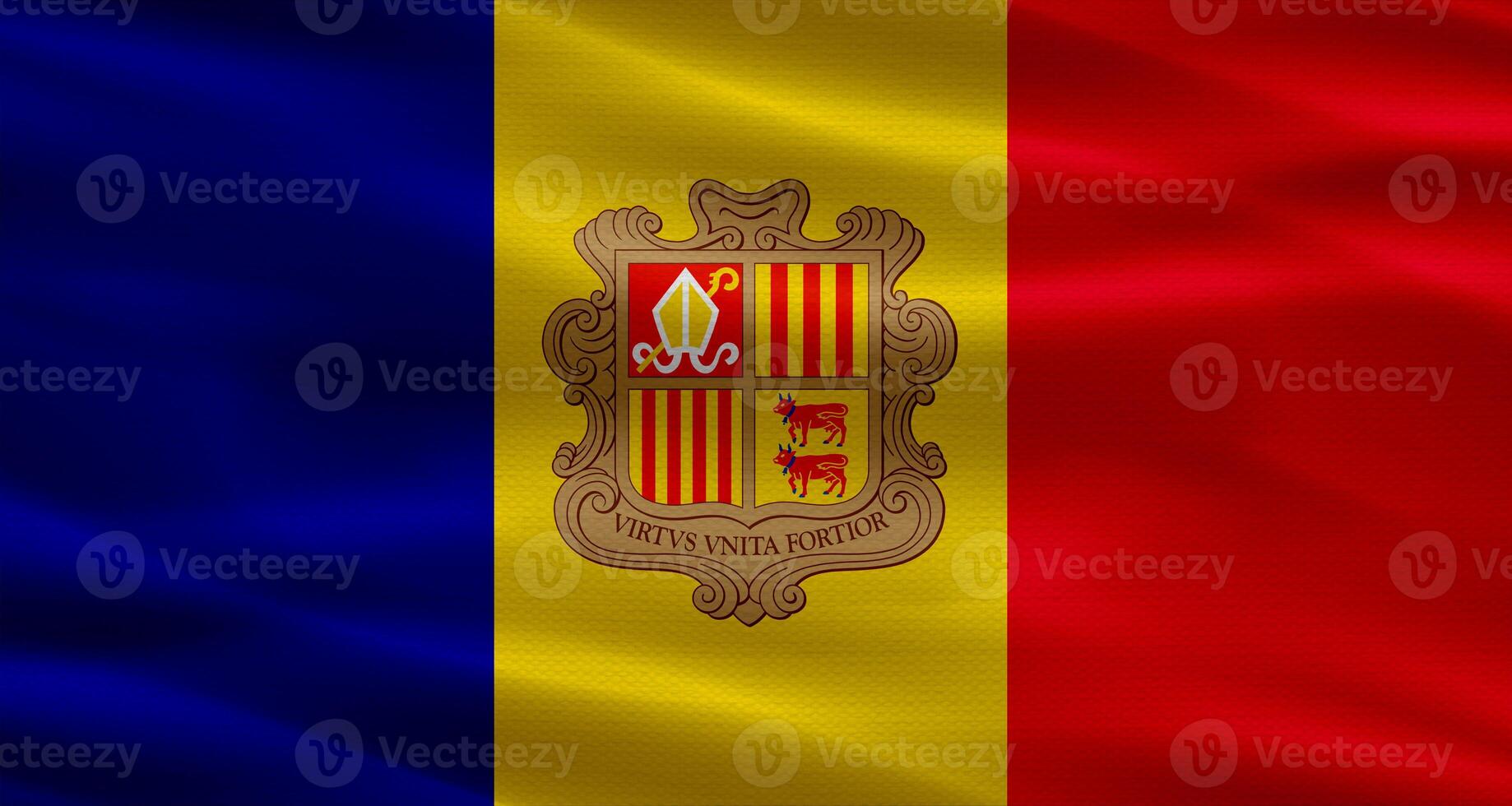 Andorra flag with fabric texture waving. Close up of flag of Andorra with cloth texture photo