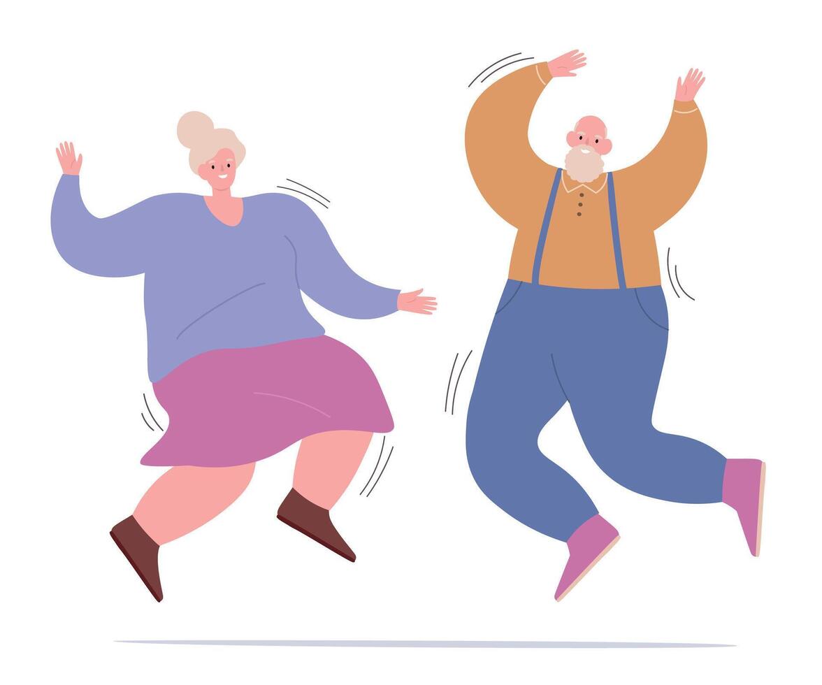 An elderly couple dances happily. The old people are happy and active. flat graphics. vector