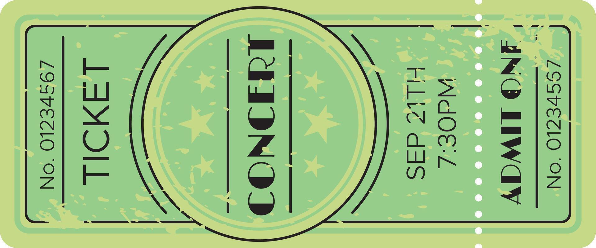Green concert ticket for september 21th, admit one, with serial number and stars decorating it, showing an old and used style, isolated on white background vector