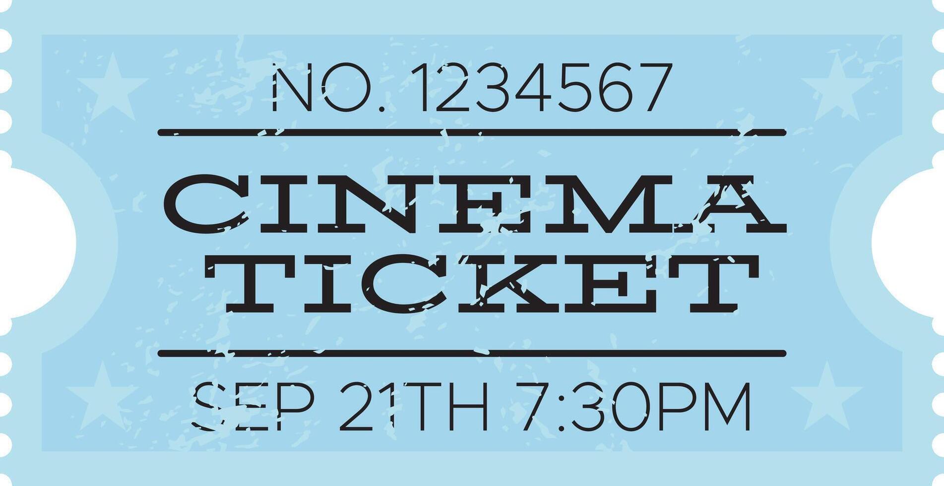 Light blue cinema ticket with time and number printed on it, for a movie show on september 21th at 7,30pm, with a ripped off side and two stars on each side vector