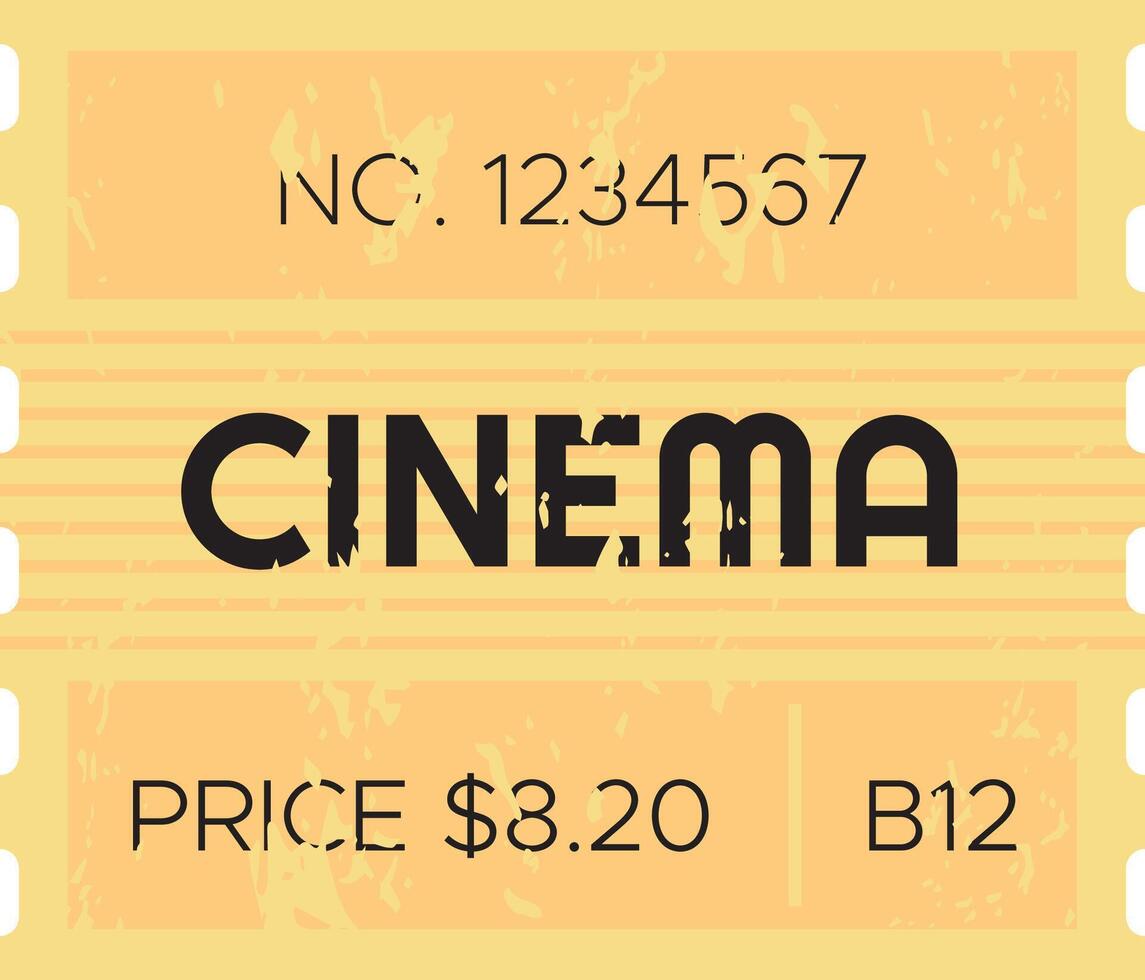 Yellow, vintage cinema ticket displaying price, number, and seat details, featuring a worn grunge texture, evokes nostalgia and invites viewers to relive the enchanting world of film vector