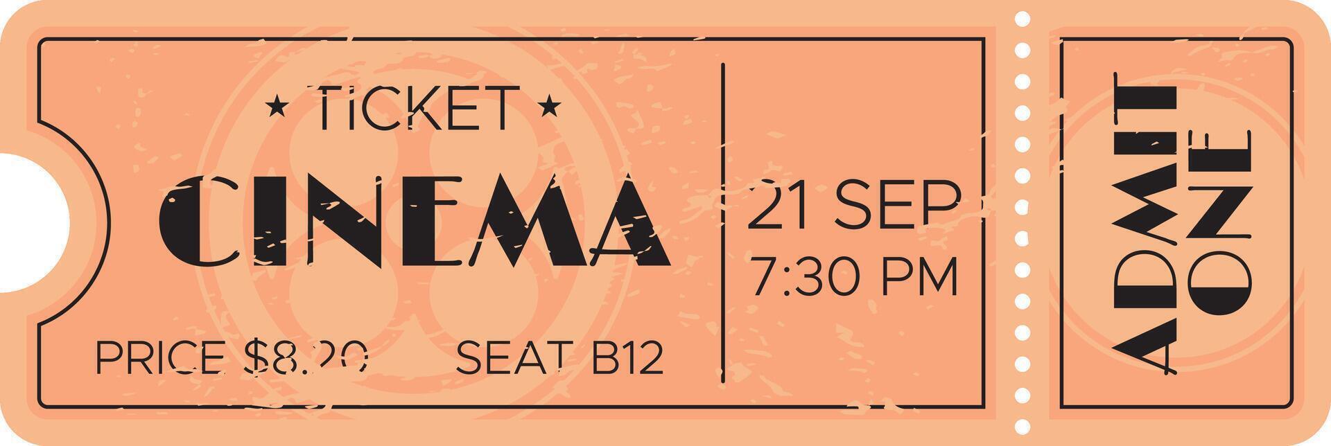 Peach colored cinema ticket featuring a movie showing at 7,30 PM on September 21st, with seat B12 and a price of 8.20, highlighted by the words admit one on the stub vector
