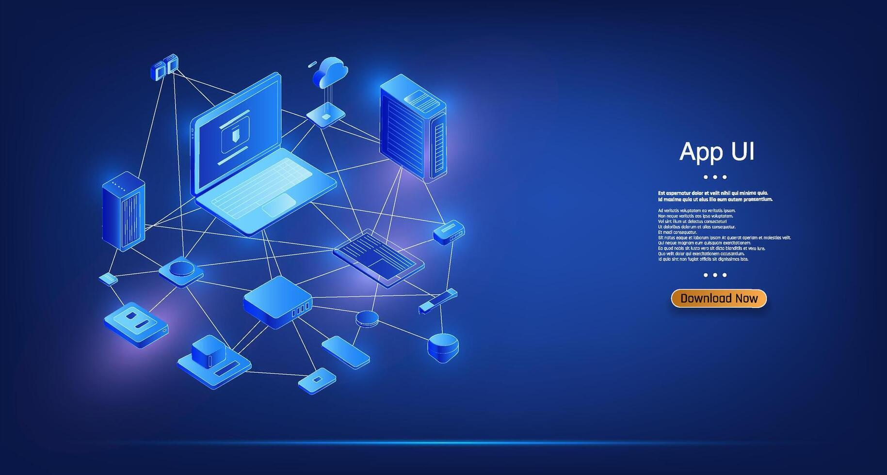 representation of a modern app user interface featuring interconnected devices such as computers, smartphones, and servers. This design emphasizes technological interaction vector