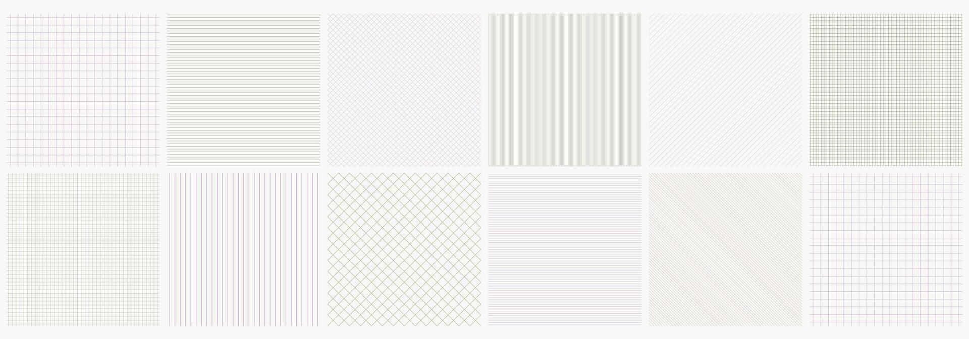 Collection of seamless striped paper textures. Geometric repeatable grid simple patterns. Delicate color line prints. Minimalistic backgrounds vector