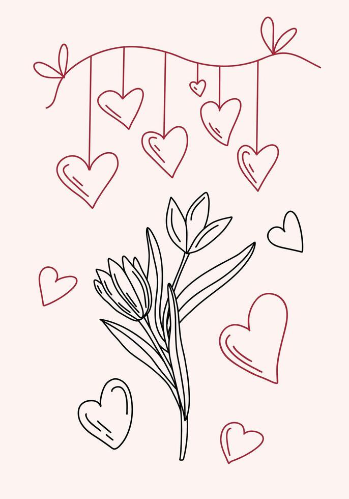 Hand drawn Valentines Day card illustration with hearts and tulips. Black and red colors. Sketch style. Perfect for prints, cards, posters, decor vector