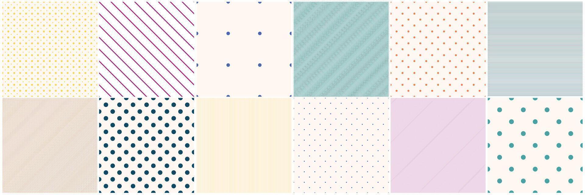 Collection of geometric seamless minimalistic patterns. Simple dotted and striped textures - repeatable delicate backgrounds. Bright color design vector