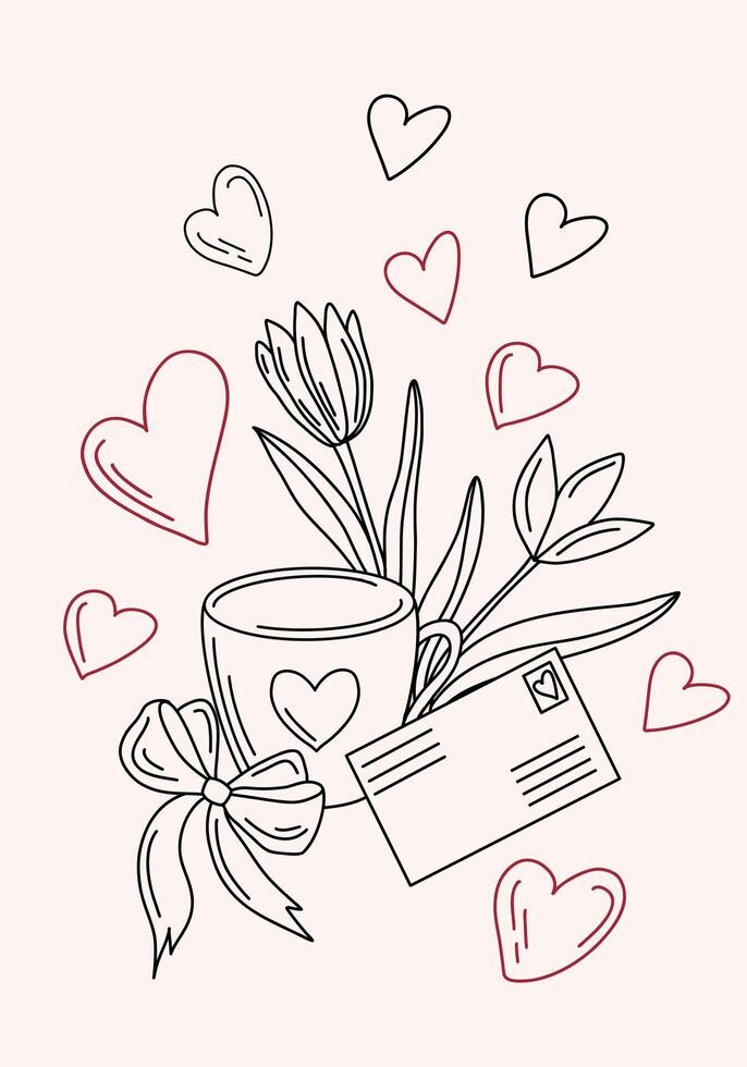 Hand drawn Valentines Day card illustration with tulips, hearts, champagne glasses, letter, cup. romantic elements. Black and red. Sketch style for cards, prints, posters, decor, design vector