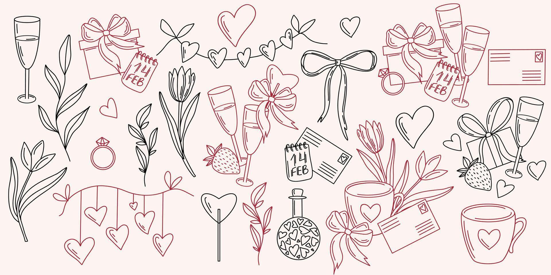 Hand drawn Valentines Day elements in outline style. hearts, flowers, gift boxes, ribbon, calendar, cups, strawberries, champagne and letters in black and red colors. Perfect for cards vector