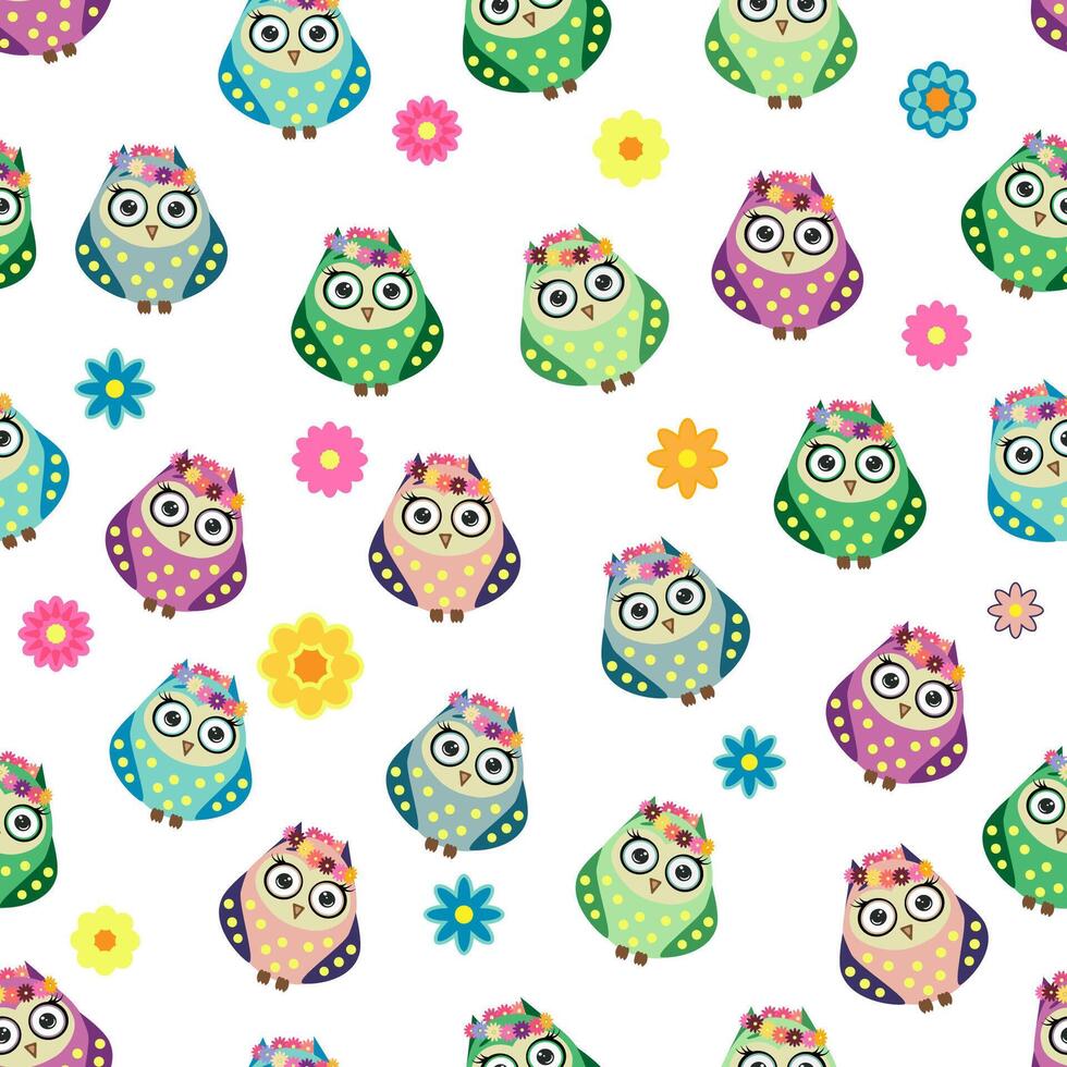 Seamless colorful owl pattern for children with flowers, clouds, branches vector