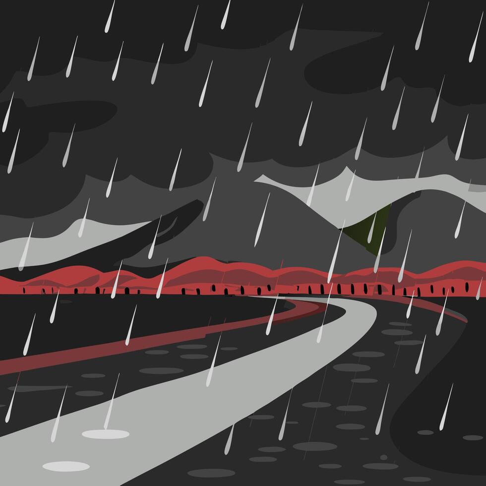 It's raining heavily on the road outside the city. Flat style. vector