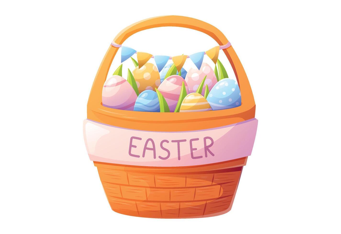 Bright isolated illustration of Easter basket filled with colorful decorated eggs and fresh green grass, adorned with festive bunting. Perfect for holiday design, greeting card, invitations vector