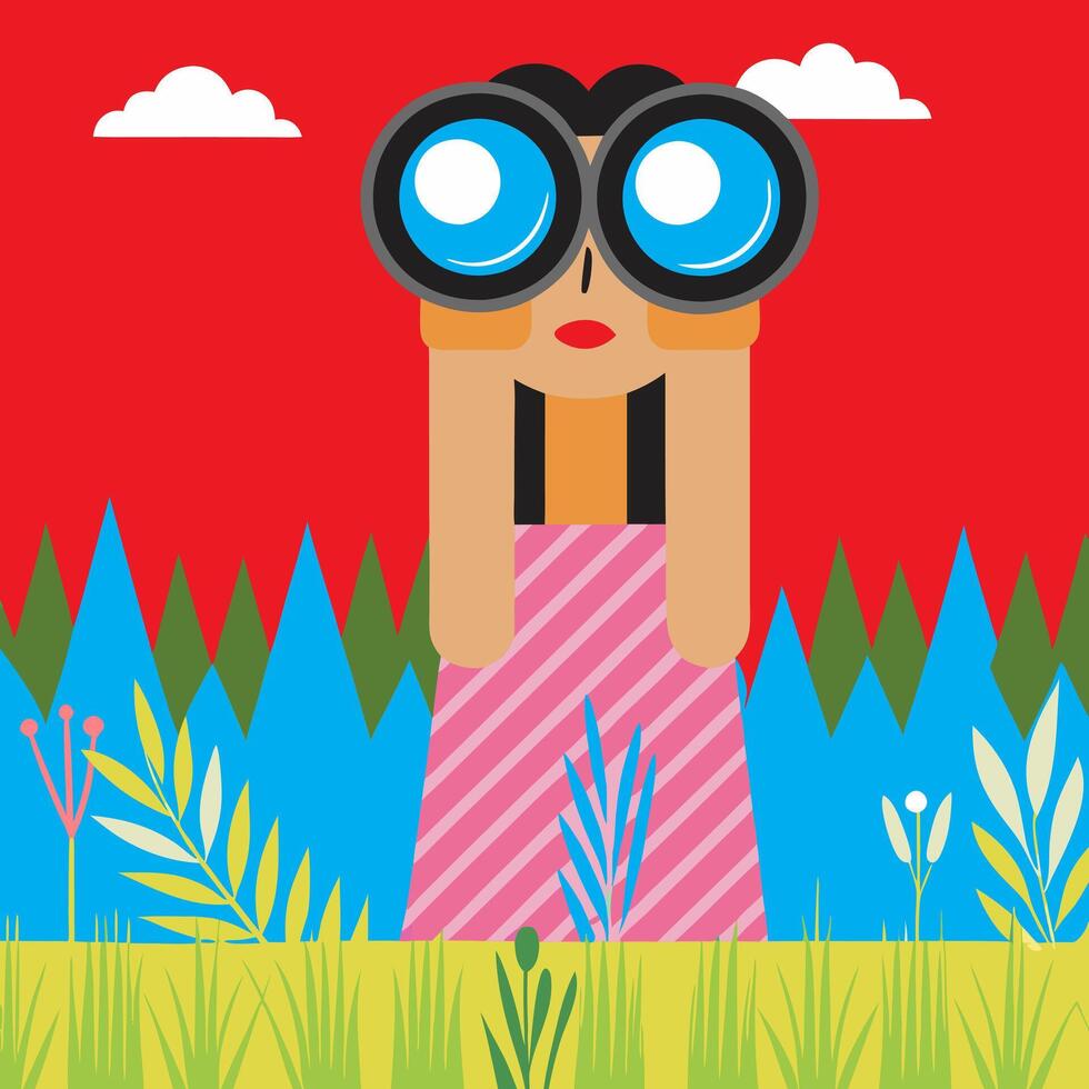 A girl with binoculars is looking for something. Brighr flat image vector