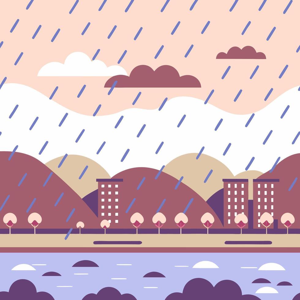 It is raining heavily in the city. Flat style. vector