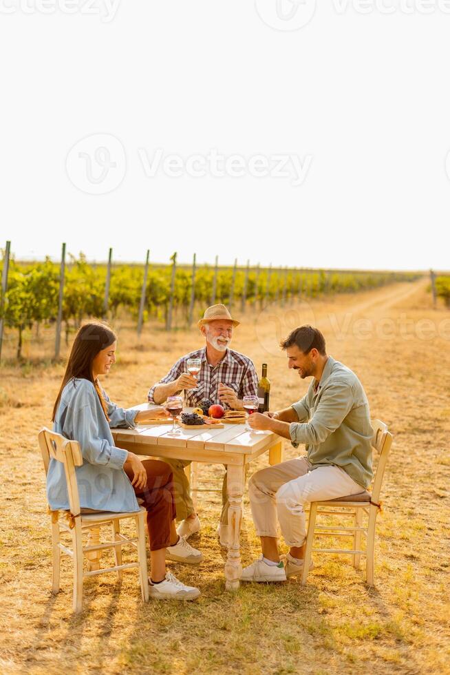 Enjoying a sunny afternoon at a vineyard, friends savor delicious food and wine while sharing laughter photo
