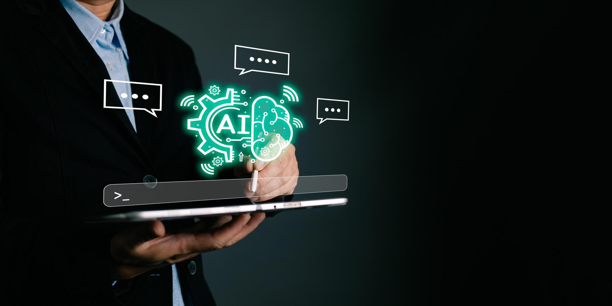 man touch command prompt ai chat. Big data storage computer tech.Digital Artificial Intelligence technology disruption concept. We are implementing storage technology support in the business. photo