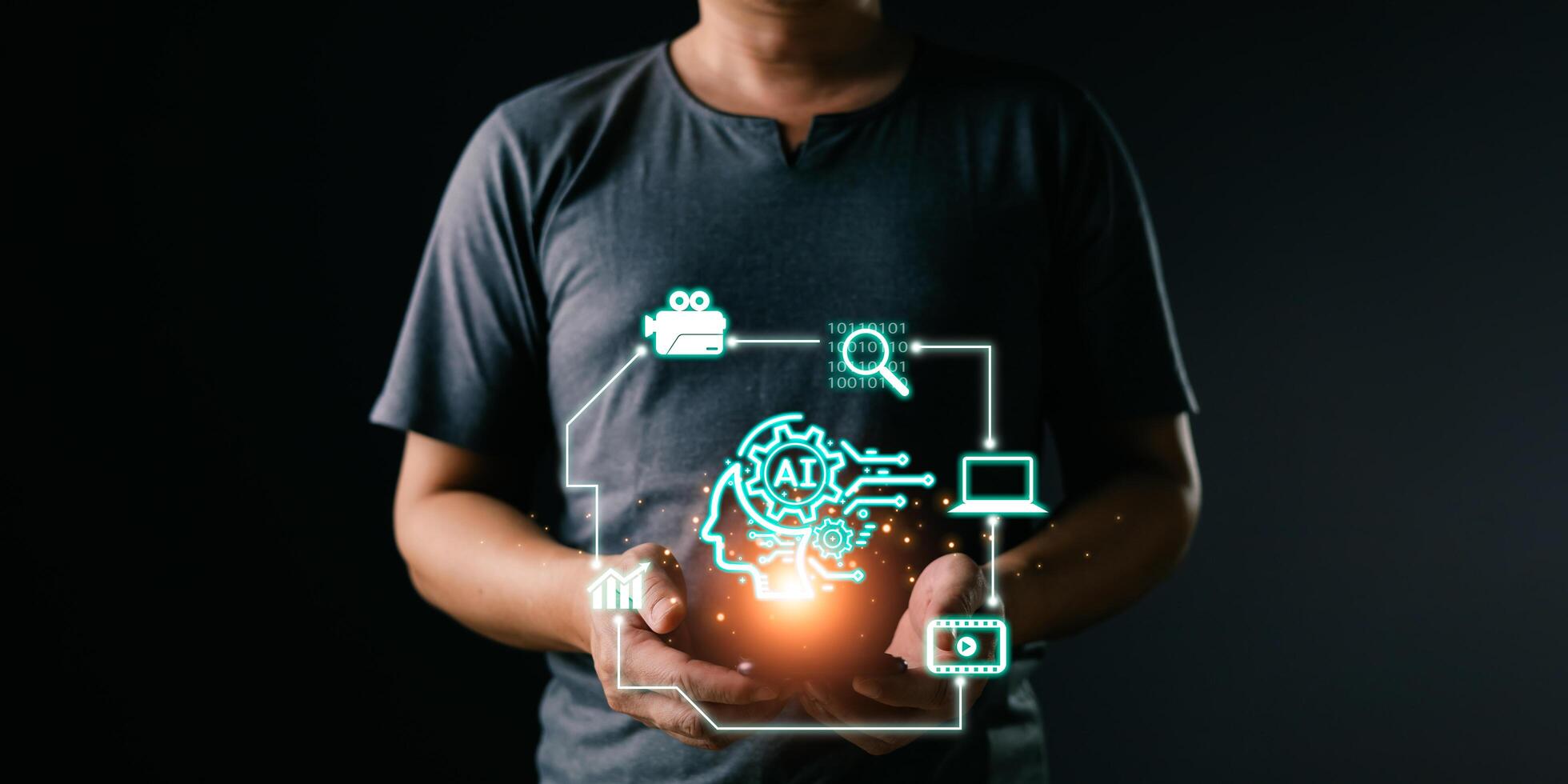 Content creation and online marketing strategies to grow their digital business. analyze media streaming. Man holding icon ai and use smartphone, Marketers education, research. photo