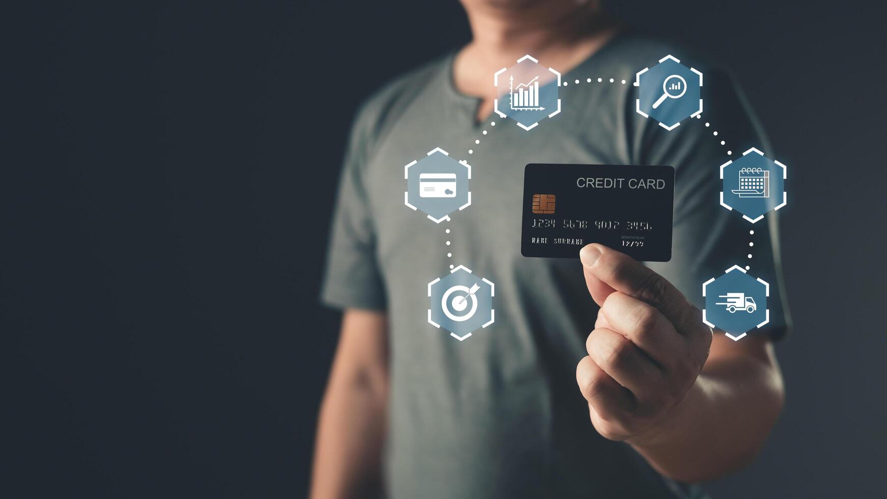businessman use credit card with laptop and hologram credit report score to plan in e-business, and buy or purchase produce payment online. The concept of finance and online shopping. photo