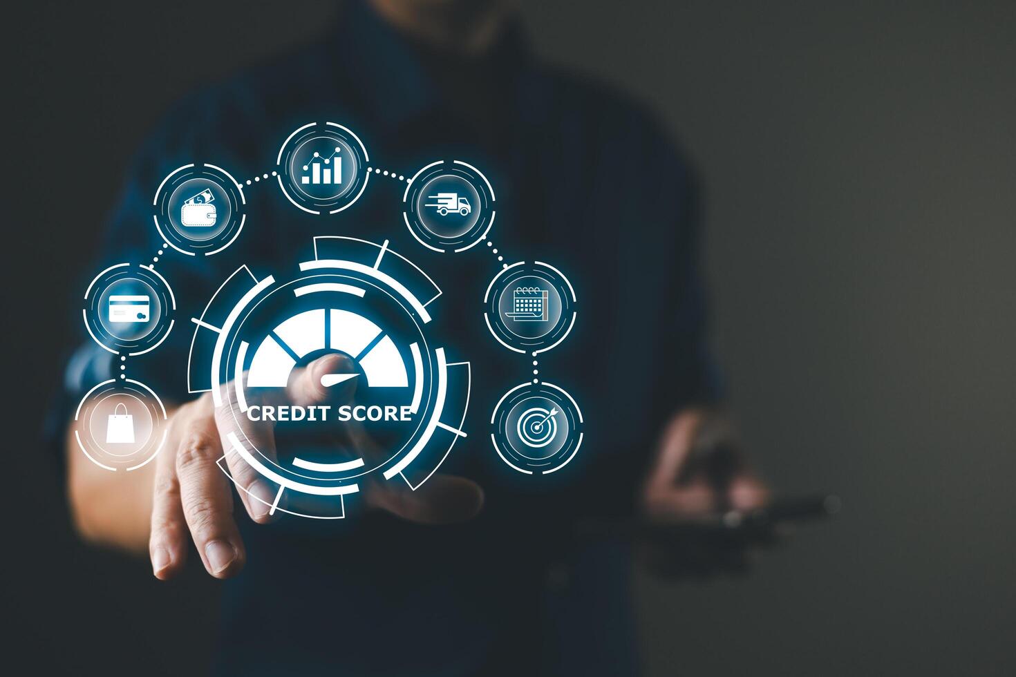 hand touch hologram credit report score to plan in e-business, and buy or purchase produce payment online. The concept of finance and online shopping. photo