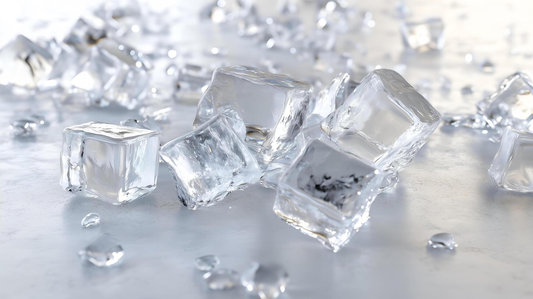 A scattered arrangement of melting ice cubes. photo