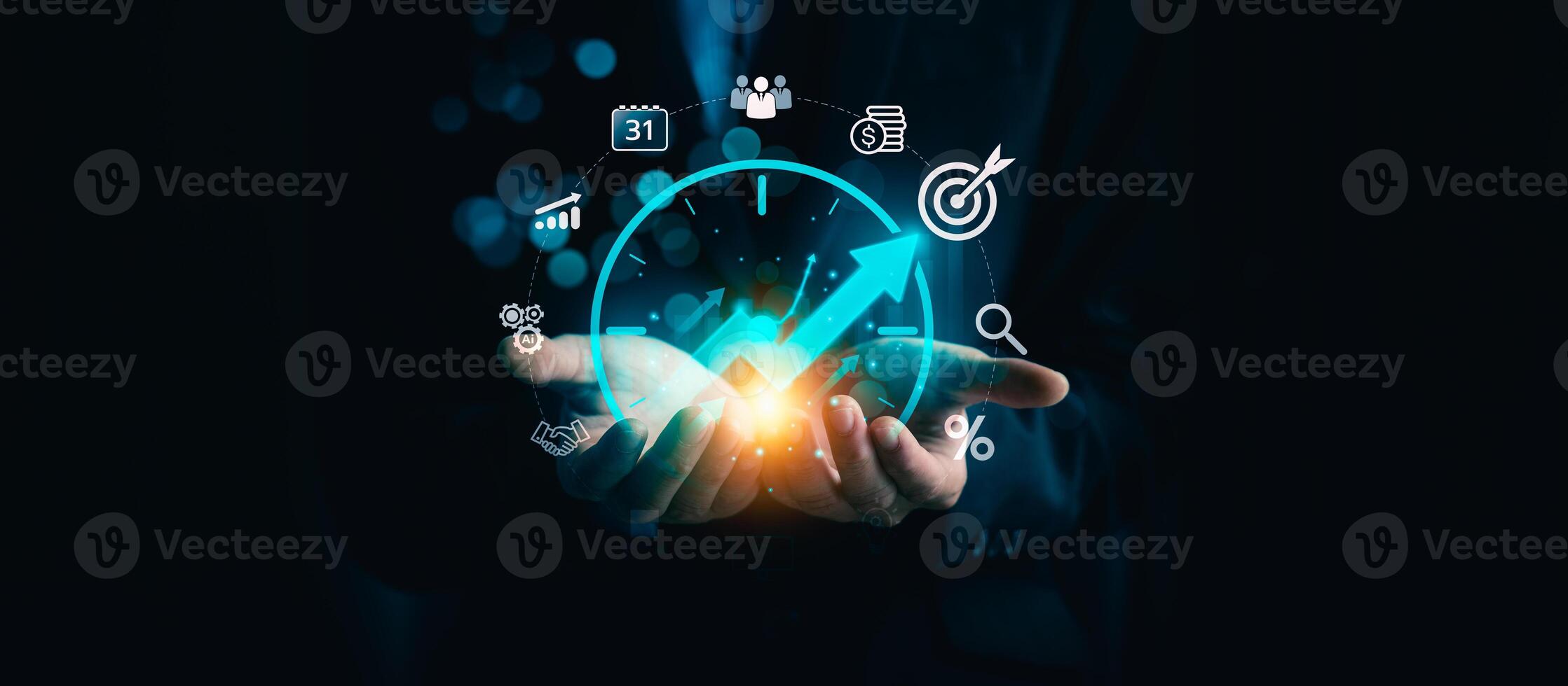 Businessman Holding Digital Clock Interface Representing Time Management, Growth Strategy, and Productivity Optimization with Virtual Icons for Analytics, Goal Setting, and Corporate Success photo