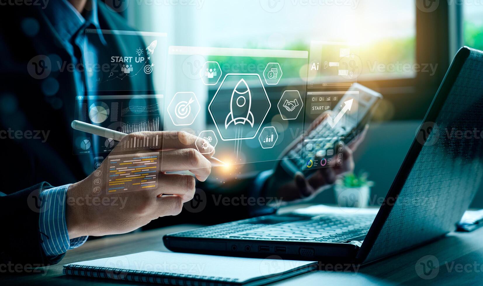Entrepreneur engaging with advanced digital interface featuring startup analytics, strategic market insights, and innovation tools, highlighting business development, growth potential photo