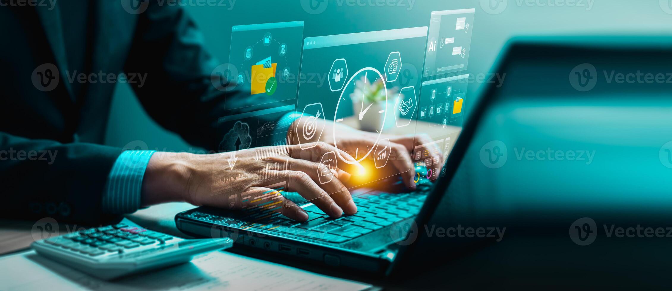 Businessperson Working on Laptop with Futuristic Virtual Interface for Time Management, Productivity Optimization, and Data-Driven Strategy, Featuring Real-Time Analytics and Task Prioritization photo