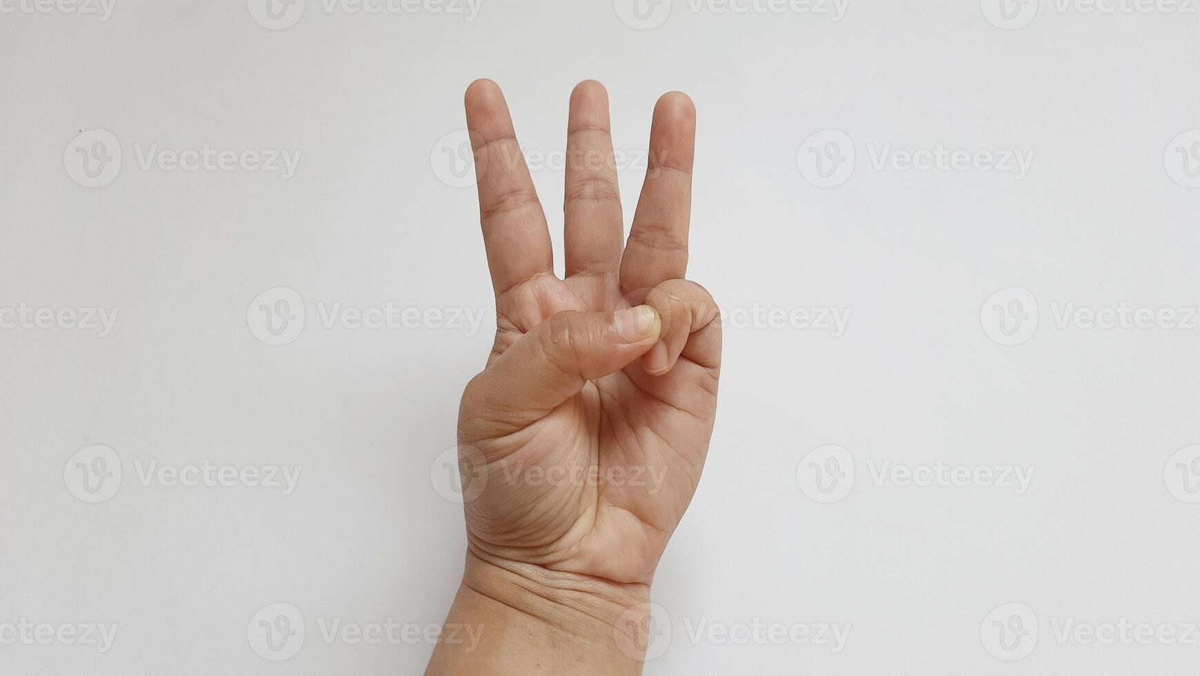 A woman hand showing finger three number. isolated on white background photo