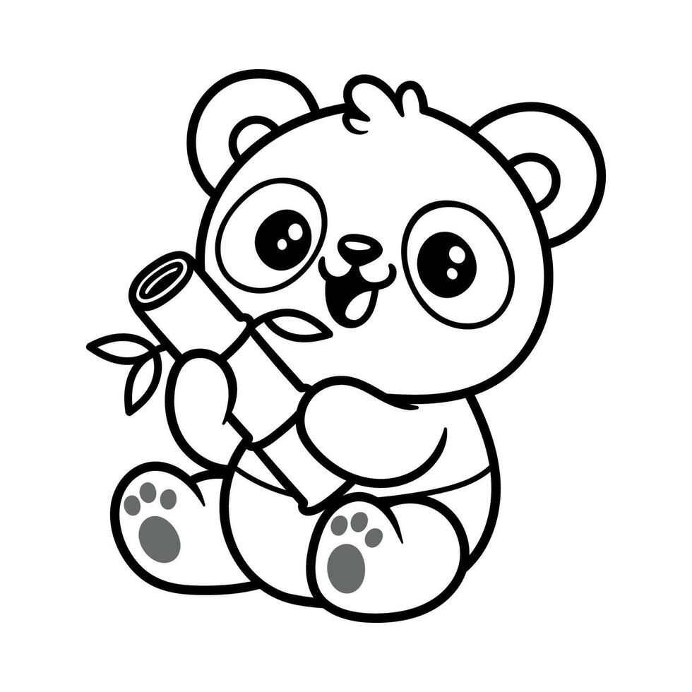 fun cute baby panda hold a bamboo cartoon character isolated drawing line style sketch classic vintage design illustration vector
