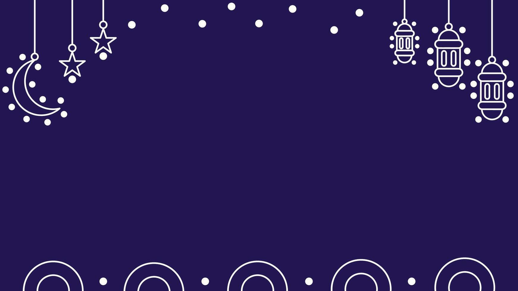 One line ramadan theme horizontal background. Dark blue Ramadan banner with outline of lanterns, moon and stars. Place for text. illustration in flat design style vector