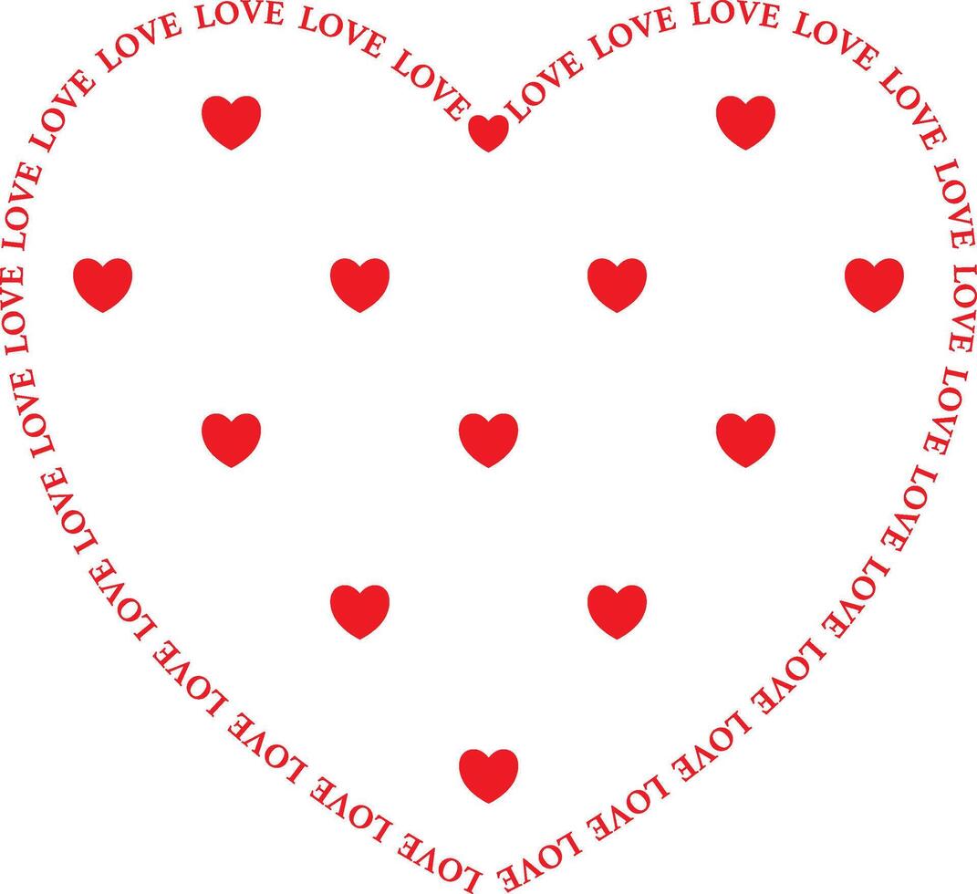 Graphic illustration with red heart shape and love text surrounding it vector