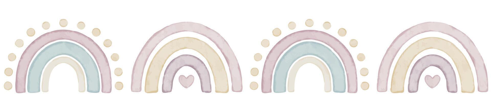 Watercolor seamless Border with pastel Rainbows. Illustration of template for baby shower invitations, birthday cards, or nursery designs. Pattern for childish frames or wall art in neutral colors. vector