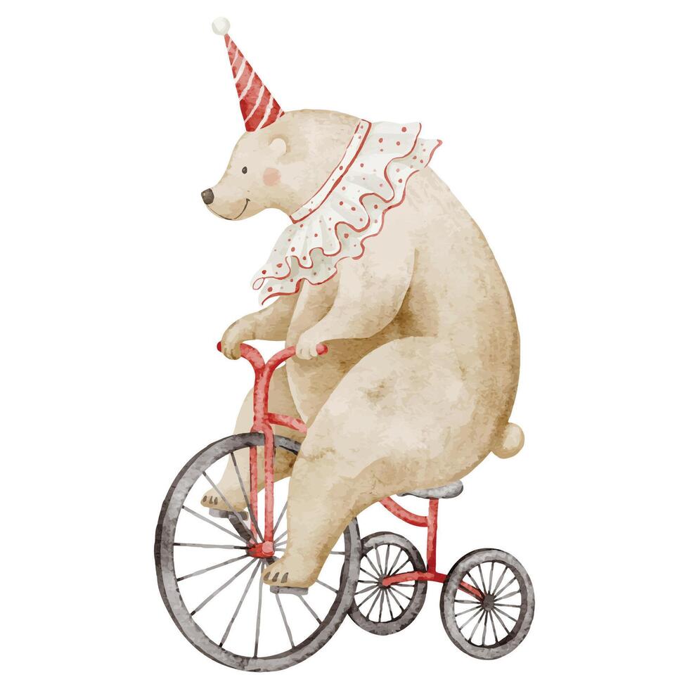 Watercolor illustration of a Circus bear wearing a festive hat and ruffled collar, riding a Tricycle. Cute animal with bike for childish greeting cards or baby shower invitations. Drawing for kids. vector